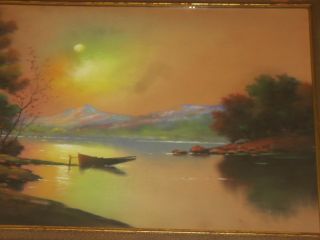 Antique Large Oil Pastel Landscape Painting W Frame Signed Gillette 3