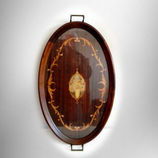 Mahogany Wood Inlaid Tray With Art Nouveau Design And Glass