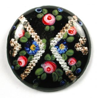 Antique Enamel Button Fancy Silver Foil & Hand Painted Flowers Design 1 & 1/8 "
