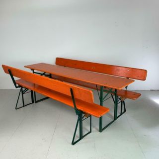 Vintage Industrial German Beer Table Bench Set Garden Furniture With Backs
