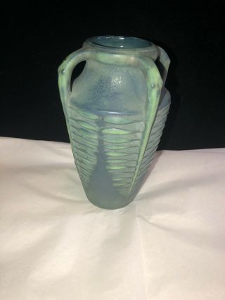 Antique Art Nouveau 6” Turquoise Pottery Vase 4 Handles Stunning