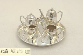Rare Queen Elizabeth Ii Miniature Hm Sterling Silver 4 Piece Tea Set And Tray