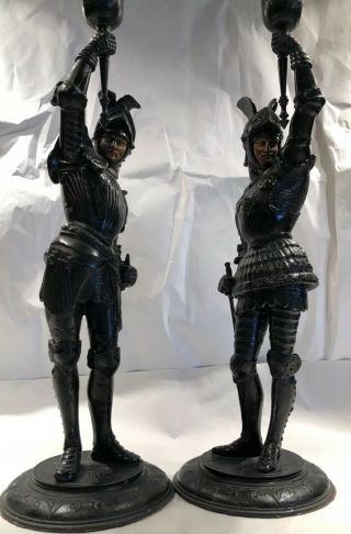 Antique Austrian Figural Gothic Revival Armored Knight Candlesticks