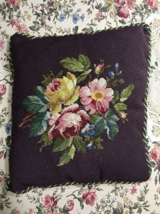 Vintage Antique Victorian Purple Green Floral Rose Needlepoint Pillow Complete