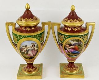 Pair Antique Austrian 19th C Royal Vienna Hand Painted Porcelain Lidded Urn Vase