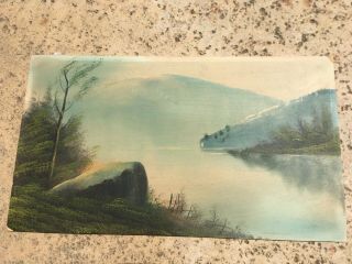 Vintage Small Landscape Oil Painting On Board.  Lake/ Mountain /trees 14x8 Unsign