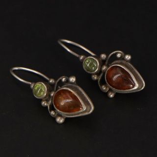 Vtg Sterling Silver Baltic Amber Peridot Cluster Pebbled Dangle Earrings - 5.  5g