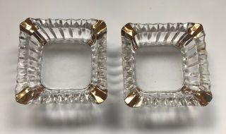 Set Of 2 Vintage Ribbed Clear Crystal Personal Ashtrays With Gold Accents 3”x3”