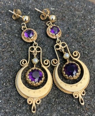 Antique Victorian Etruscan 14k Yellow Gold Amethyst & Seed Pearl Drop Earrings