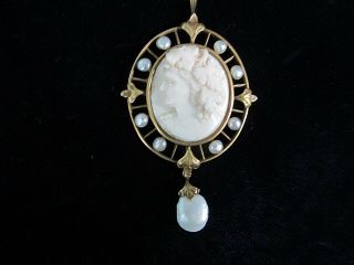 Antique Victorian 14k Gold Angel Skin Coral Pendant Pearl Drop Pendant Rare