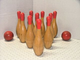 Vintage Wood Duck Pin 12 Piece Bowling Set - 10 Pins,  6 " Tall,  2 Balls,  2 " Diam