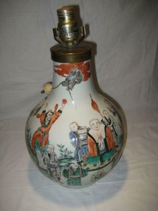 Rare Vintage Hand Painted People Dragon Chinese Vase Lamp 15 " High