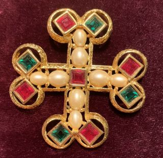 Vintage Joan Rivers Maltese Cross With Faux Pearls And Red And Green Rhinestones