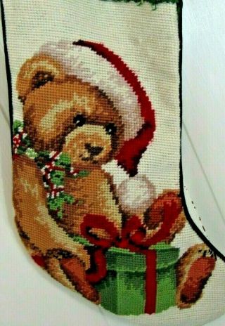 Vintage Christmas Needlepoint Stocking 19 " Wool Adorable Santa Teddy Bear