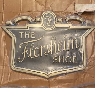 Official Antique “florsheim Shoe” Solid Brass Sign Manufactured By Spanjer Bros