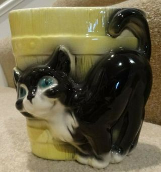 Vintage Royal Copley Ceramic Cat With Yellow Barrel Bucket Planter,  5.  5 Inches