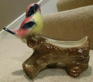 Vintage Royal Copley Song Bird On A Tree Stump Planter,  6 Inches Tall