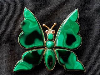 Antique Art Nouveau 14k Gold Butterfly Malachite Ruby Brooch - Estate Jewelry