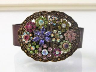 Vintage Liz Palacios S.  F.  Swarovski Crystal Flower Cluster Leather Band Bracelet