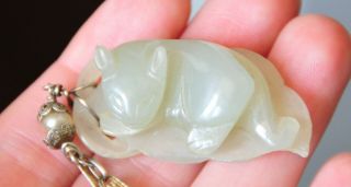 Chinese Antique Jade Carved Cat Pendant And Silver Chain - 19th C.