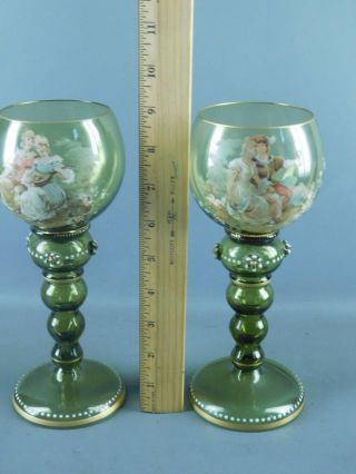 Antique Bohemian Moser Art Glass Hand Painted Figural Goblets 8.  5