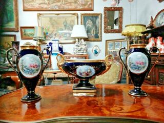 Set Of 3 Limoges Blue Porcelain Vases Romantic Victorian Scene.