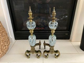 Antique Art Glass Zimmerman St Clair Brass Fireplace Andirons Double Glass 3481