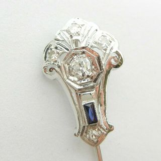Antique 18k White Gold Diamond And Sapphire Art Deco Lapel Stick Pin Brooch Hat