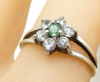 925 Silver - Vintage Emerald & Cubic Zirconia Floral Cluster Ring Sz 9 - R9087