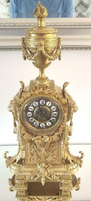 Lovely Antique French 1880 Embossed Gilt Bronze Bell Striking Mantle Clock
