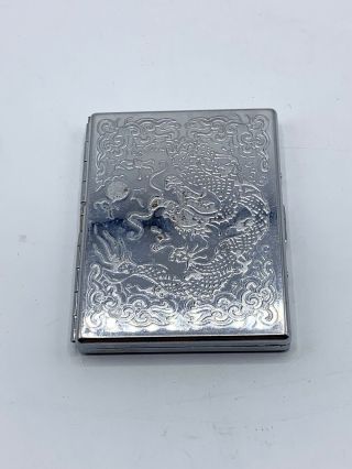 Vintage Silver Tone Metal Cigarette Case Dragon Design