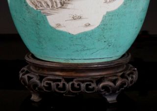 RARE Antique Chinese Turquoise Glaze Grisaille Ginger Jar & Wooden Stand 18th C 3