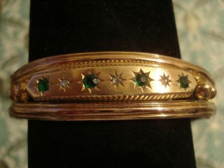 Pretty Antique Victorian:3 Old Cut Diamonds,  Green Stones 15ct Rolled Gold Bangle
