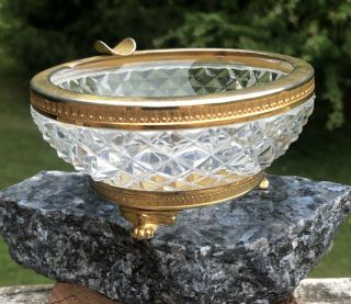 Vintage Lead Crystal Ashtray Mid Century Gold Gilt 3 Footed Diamond Cut