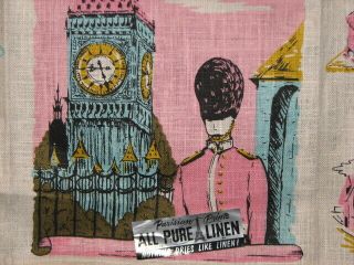 Vintage Linen Tea Towel London Big Ben Pink & Turquoise Kitchen Dish W/ Tag Nos