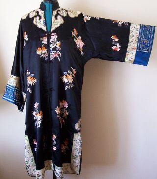 Antique Chinese Embroidered Black Silk Robe Coat Coral/Peach Floral Flawed 2