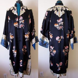 Antique Chinese Embroidered Black Silk Robe Coat Coral/Peach Floral Flawed 3
