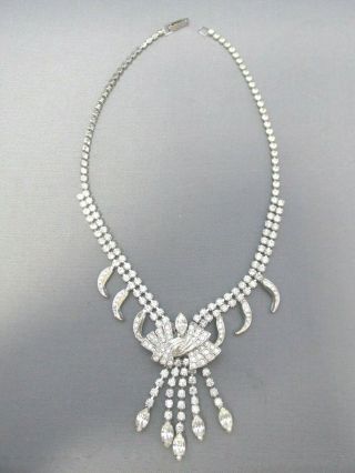 Vintage Kirks Folly Silver Tone Art Deco Clear Rhinestone Tassel Dangle Necklace