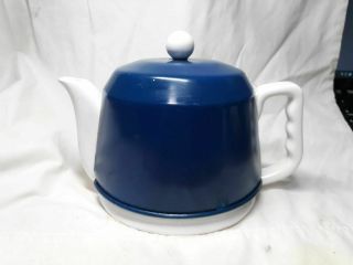 Vintage White Ceramic Teapot W Dark Blue Metal Felt Lined Cozy Warmer