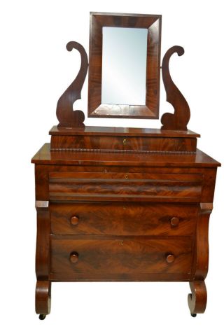Antique American Empire Flaming Mahogany Chest,  Dresser,  Mirror,  Ca 1840,  Pa2605