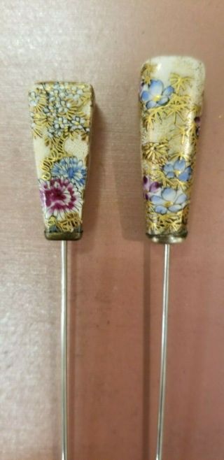 Antique Japanese Satsuma (2) Two 12 " Floral Hatpins With Wooden Box
