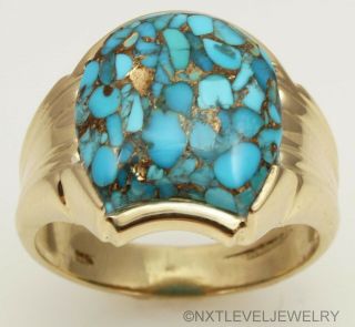 Antique 1920 ' s Art Deco Mosaic Turquoise Handwrought 10k Solid Gold Men ' s Ring 2