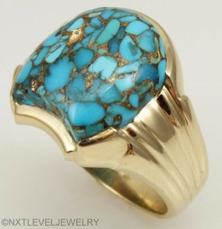 Antique 1920 ' s Art Deco Mosaic Turquoise Handwrought 10k Solid Gold Men ' s Ring 3