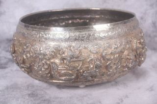 Colonial Anglo India Burmese Heavy Repousse Silver Bowl Hand Chased Hunting