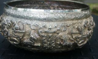 Colonial Anglo India Burmese Heavy Repousse Silver Bowl Hand Chased Hunting 3
