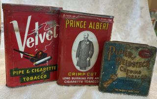 Vintage Pocket Pipe Cigarette Tobacco Tins.  Velvet Prince Albert Piper Heidsieck