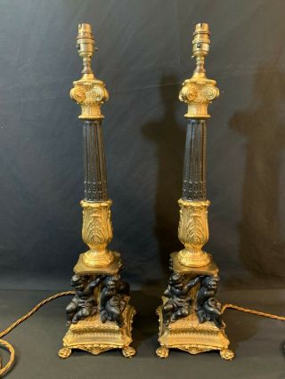 A Magnificent Ornate Tall Gilt And Black Column 19th Century Table Lamps