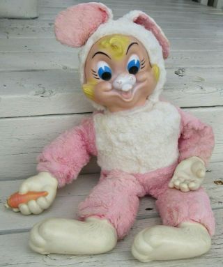 VINTAGE RUBBER FACE PLUSH RARE PINK HAPPY BUNNY TALL RABBIT MY TOY GUND RUSHTON 2