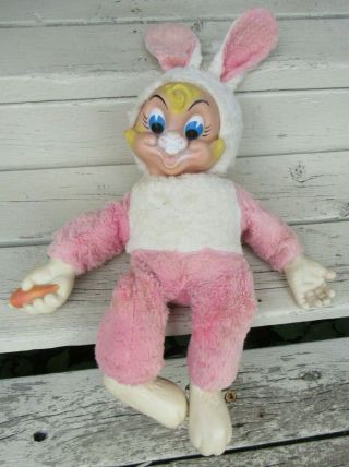 VINTAGE RUBBER FACE PLUSH RARE PINK HAPPY BUNNY TALL RABBIT MY TOY GUND RUSHTON 3