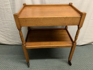 Antique Vintage Oak Tea Cart Rolling Table Trolley With Drawer